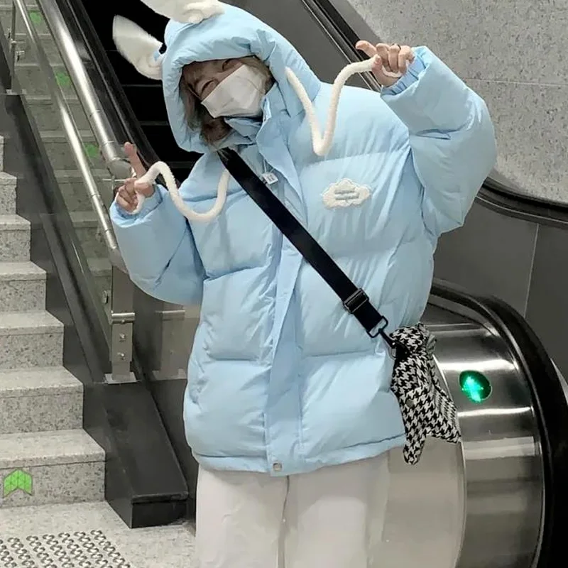 Female Students Loose Kawaii Cute Rabbit Ears Wild Thick Bread Clothing Warm Cotton Jacket Winter Hooded Cotton-padded Jacket