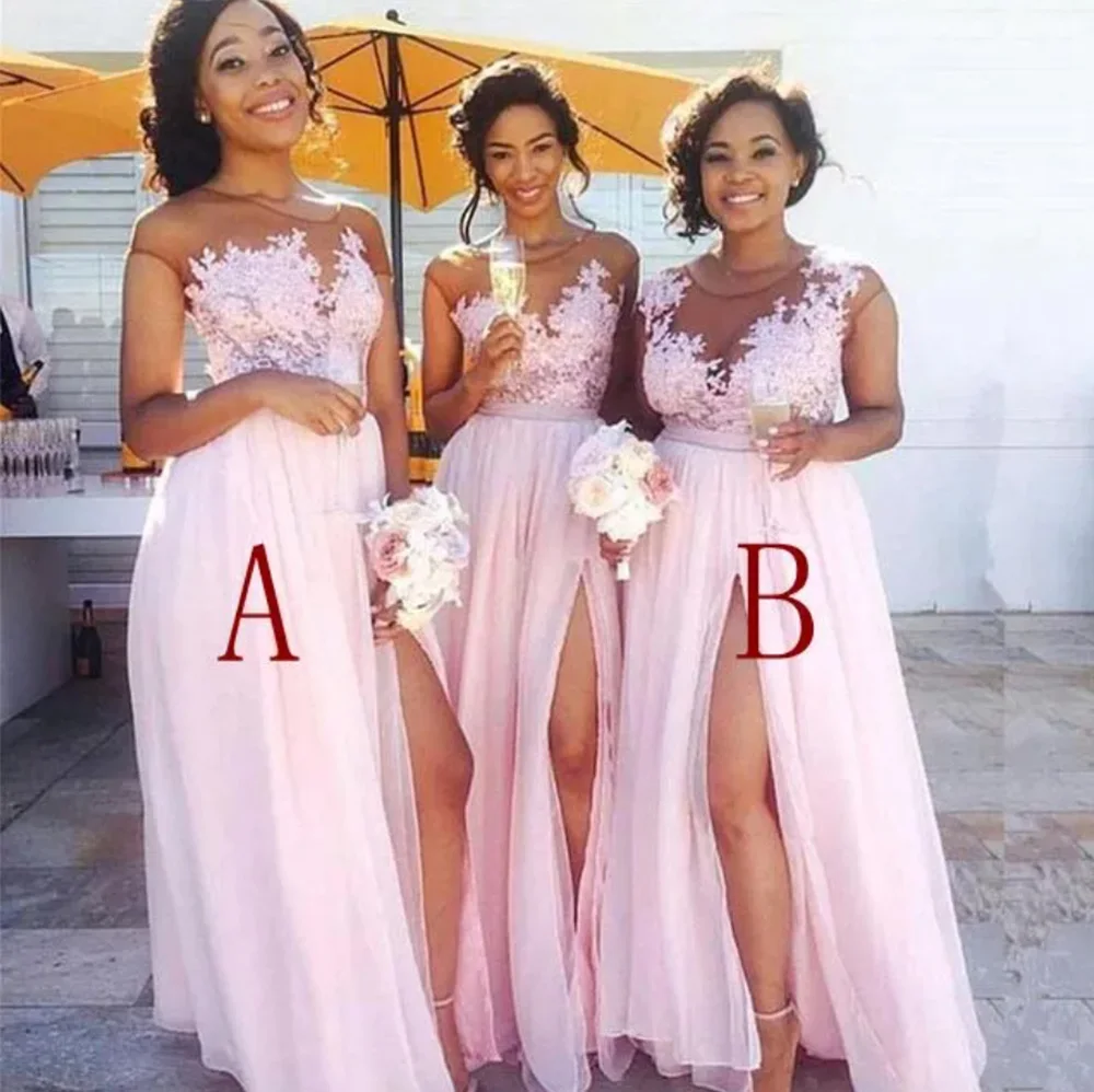 

Sexy Custom Pink A Line Bridesmaid Dresses Scoop Floor-Length Applique Chiffon Thigh-High Slits Illusion