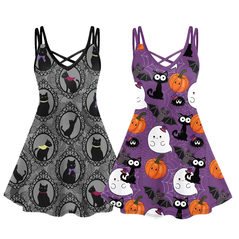 

XS-6X Plus Size Cat Print Crisscross Cami Dress Ladies Cartoon Cute Bat Cat Pumpkin Spider Web Graphic Dresses Casual Vestidos