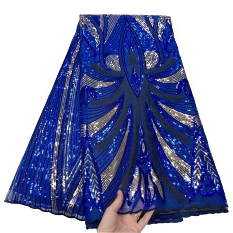 

2022 African Wedding Lace Fabric Embroidered Nigerian Lace Fabrics Royal Blue High Quality French Tulle Lace Fabric With Sequins