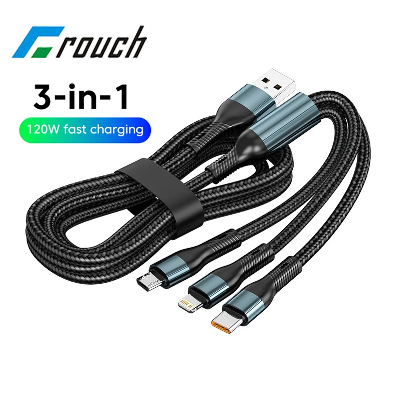 

3in1 120W USB C Cable For iphone 14 13 12 Pro Max USB A To Lightning Micro Type C Fast Charging Cable For Xiaomi Huawei Samsung