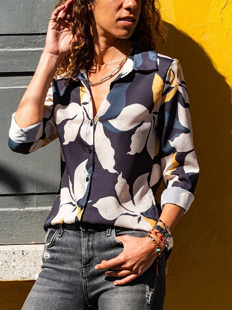 

Spring Women Long Sleeve Pullover Blouse Fashion Elegant Lapel Single-breasted Tops Autumn Ladies Popular Vintage Printed Shirt