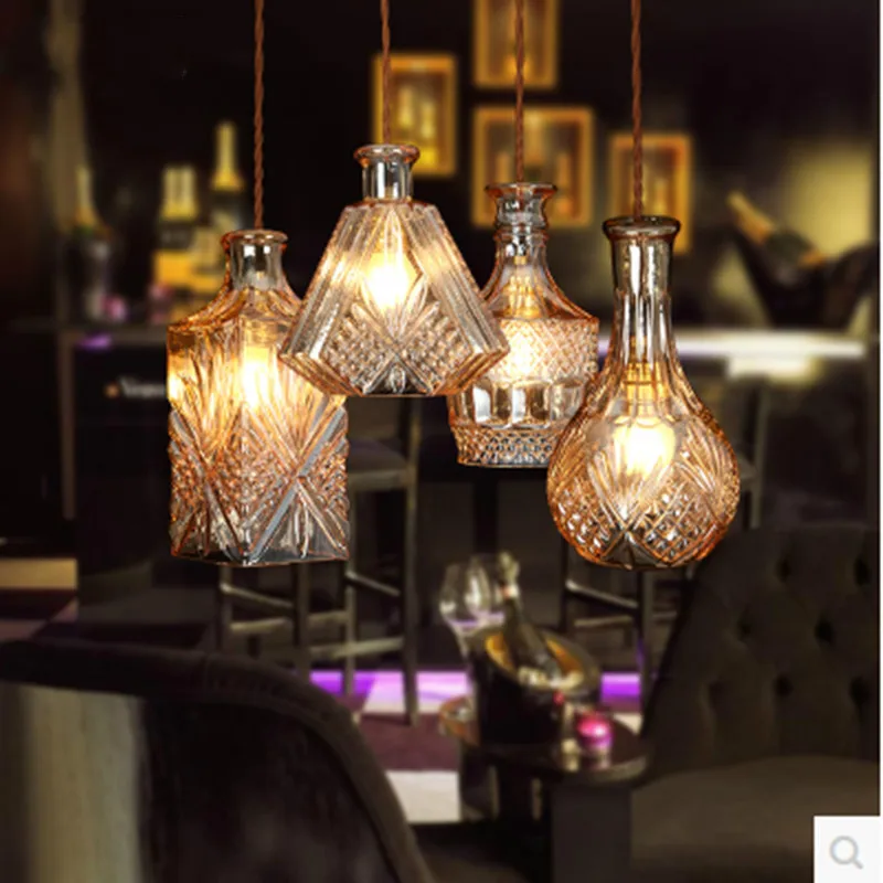 

Retro Glass Bottle Pendant Lights Cafe Bar Decorated Pendant Lighting Creative Glass Lamps