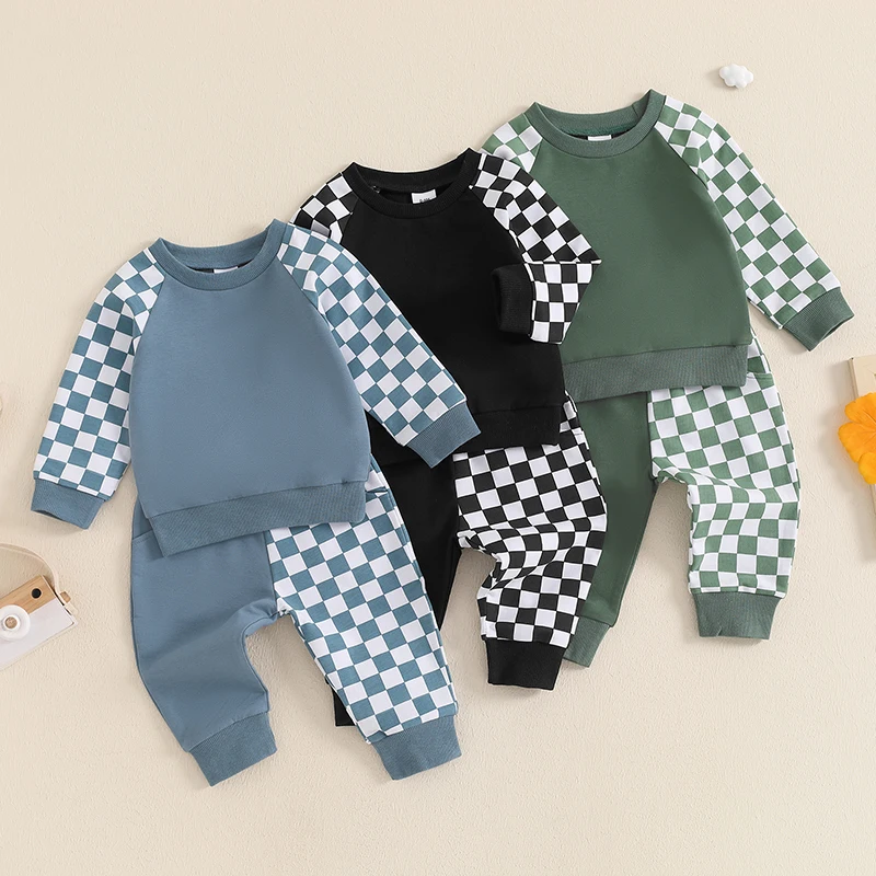 Осенний комплект для маленьких мальчиков Lioraitiin 2024-06-29 шахматная Толстовка с