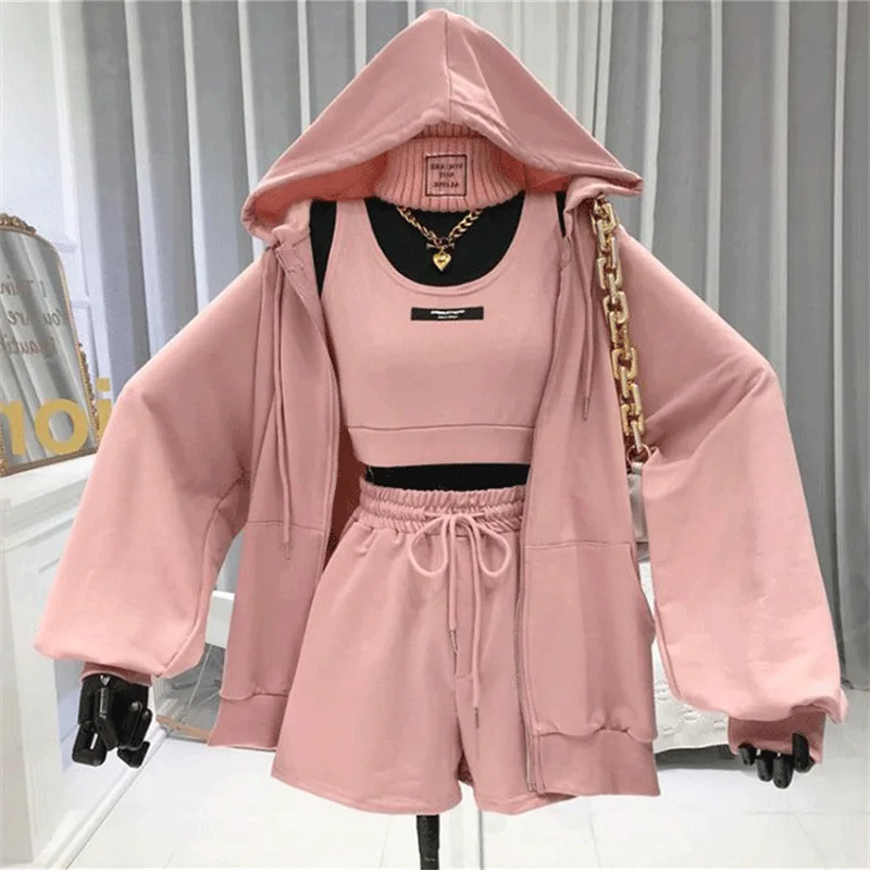 

Casual Shorts Three 3 Piece Sets Women Vest Drawstring Shorts Hooded Zipper Jacket Sportswear Suits Female Solid Sports Hoodie