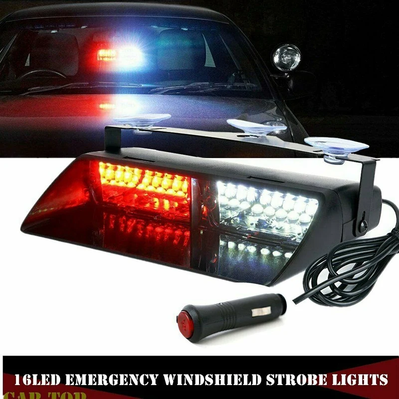 

Car LED Strobe Lights Red And White 16 LED Warning Lights Car LED Strobe Lights Windshield Emergency Lights