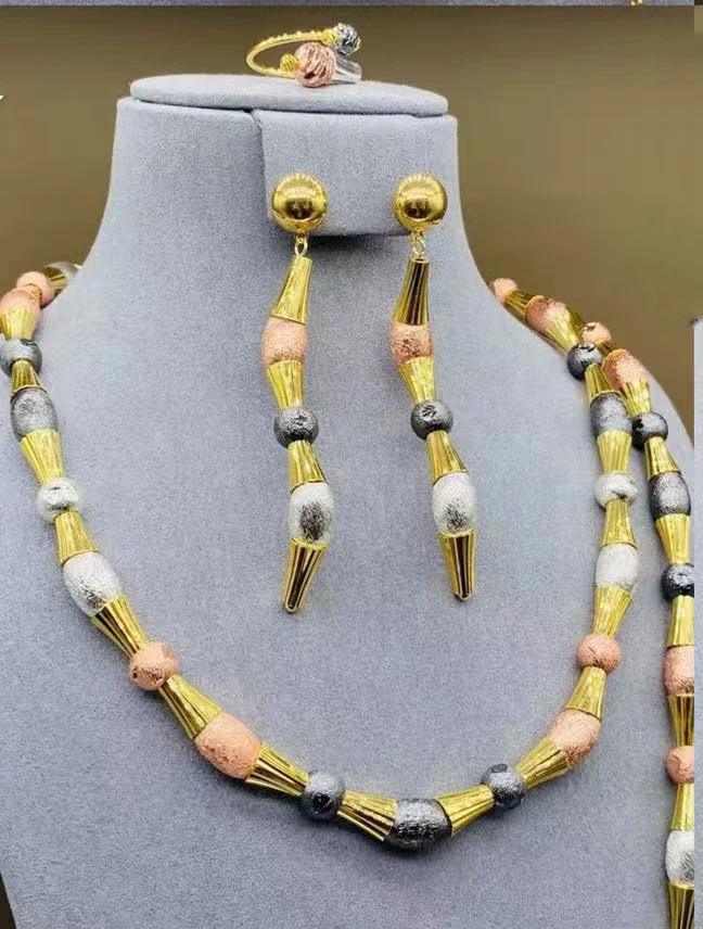 Фото Новинка: Ювелирный набор из бамбуковых бусин с позолотой 18K, 3 предмета (колье, серьги, кольцо), роскошные украшения для женщин на свадьбу или вечеринку. №3