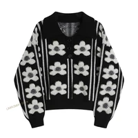 2022 korean lady vintage sweet sweater autumn lapel three dimensional flower single breasted long sleeve knitted pullover female