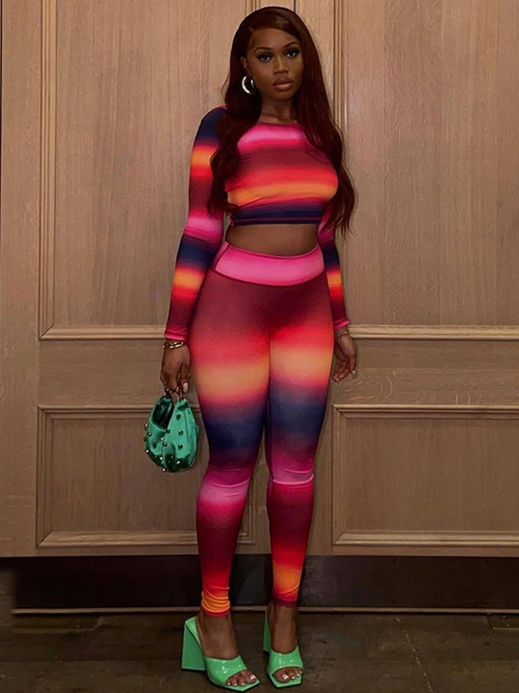 

Printed Tracksuit Two Piece Sets Sexy Club Outfits Long Sleeve Crop Tops and High Waist Pants Suits 2022 Summer Trousers Set Y2K