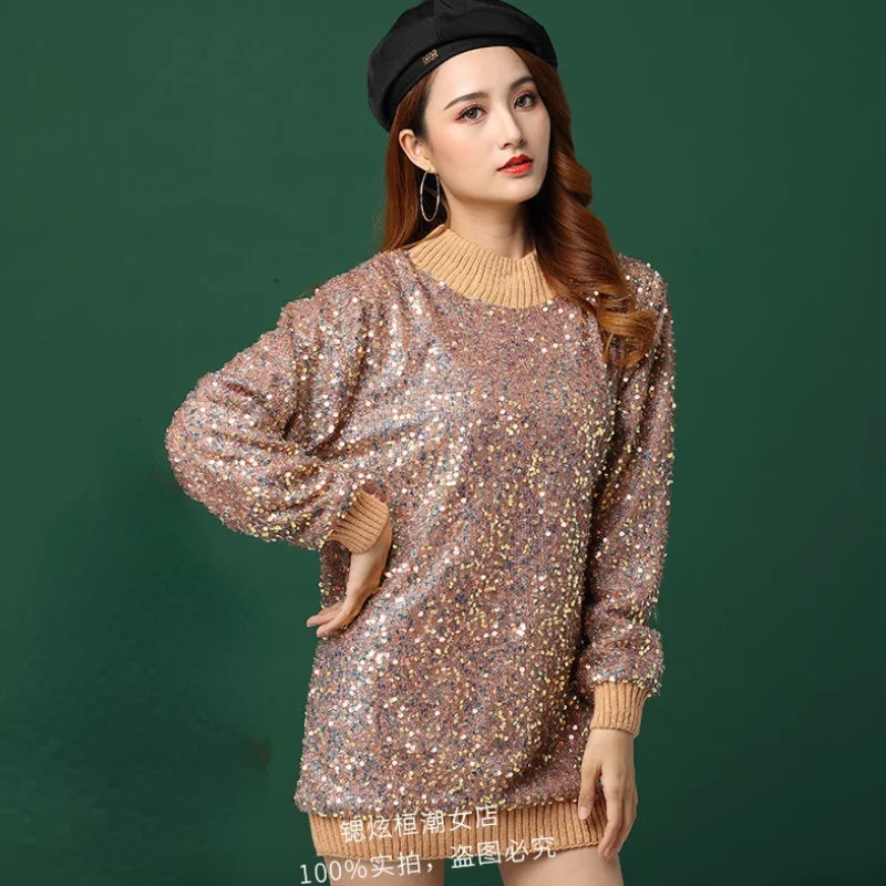 

Women Winter Long Beaded Sweater Hoodies Mid-length Plus Velvet High Neck Shiny Laser Sequins Loose Blouse Pullovers Dress Tops