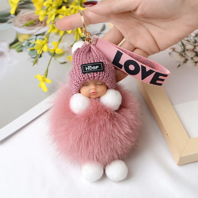 

Pompom Sleeping Baby Keychain Cute Fluffy Plush Doll Keychains Women Girl Bags Keyrings Cars Key Ring Gift Charming Decoration