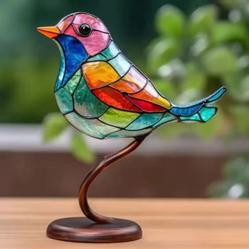 

Stained Acrylic Birds on Branch Desktop Ornaments, Double Sided Multicolor Style Birds Craft Statue Desktop Ornaments