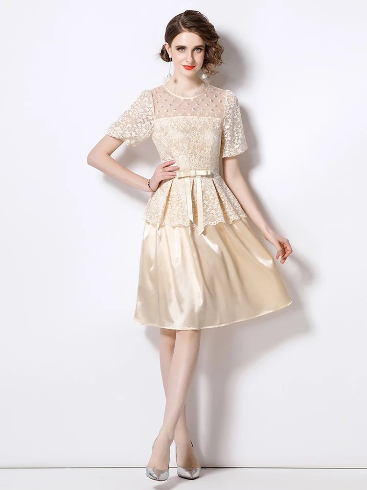 

Designer Fashion Runway Summer Dress For women Vintage Diamond Mesh Stitching Flower Embroidery Slim Elegant Dress N6836