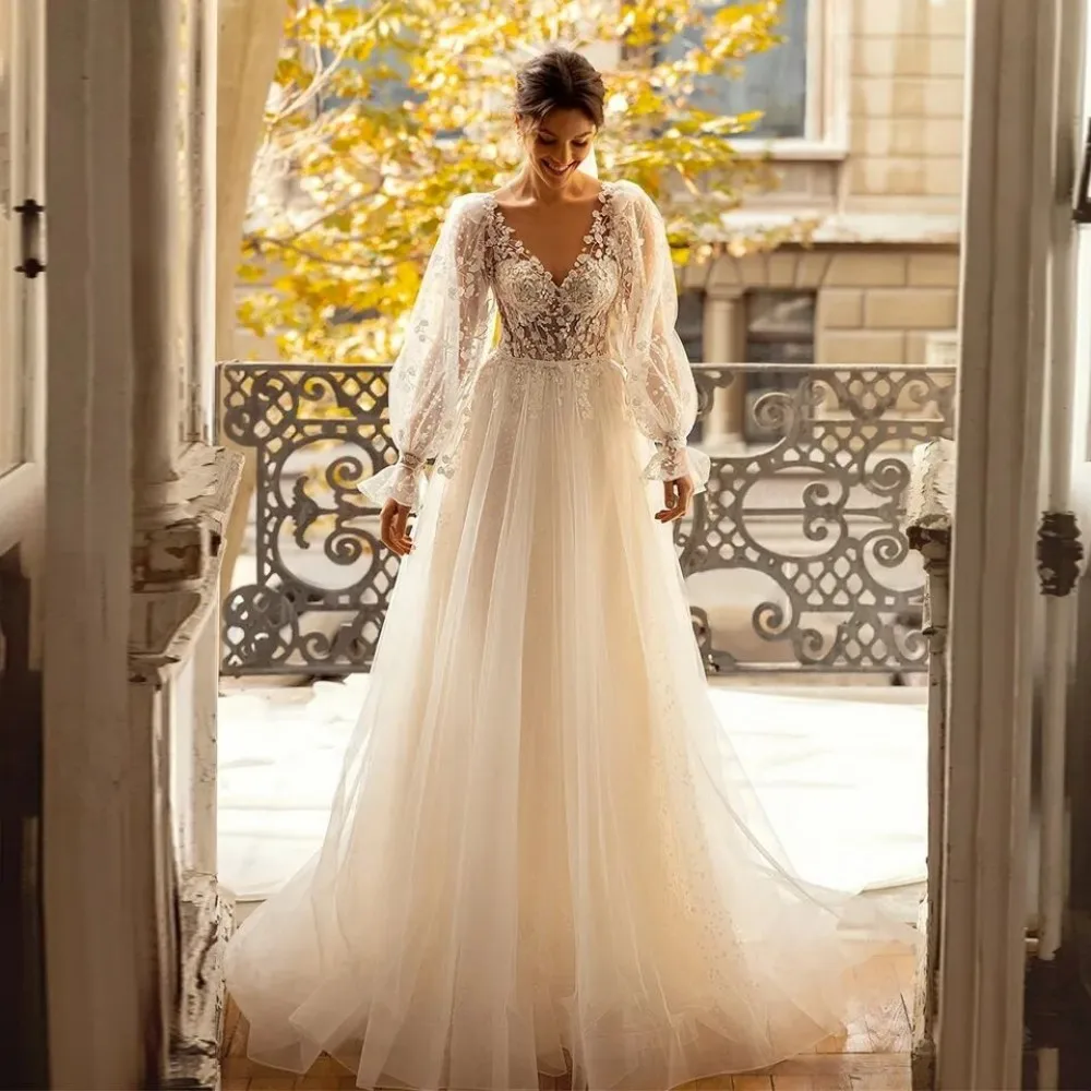 

Boho Elegant Lace Wedding Dresses For Women Bridal Gowns Long Sleeves V Neck A Line Sweep Train Bridal Dress Robe De Mariée