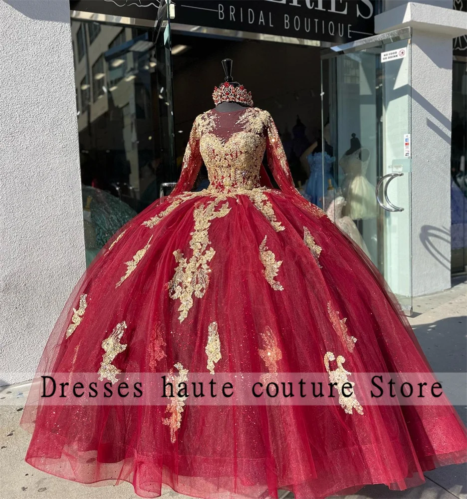 

Роскошное Красное Кружевное бальное платье, платье для Quinceanera 2023, милое платье с длинным рукавом и аппликацией из бусин, платья для девушек 15