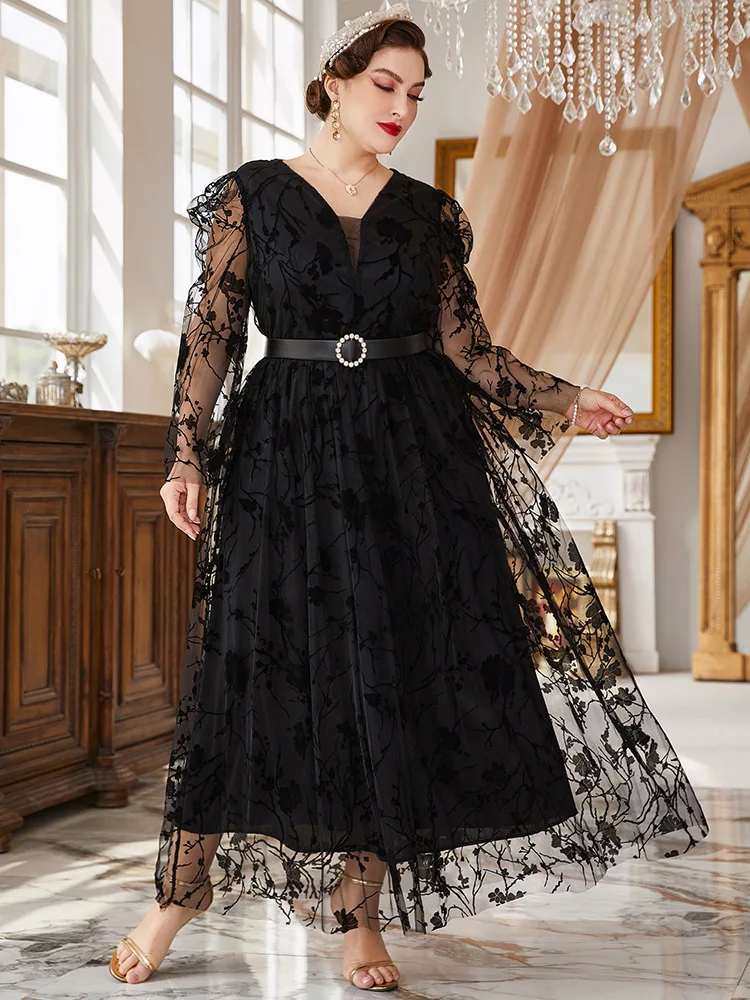 Women Plus Size Maxi Dresses 2023 New Spring Autumn Luxury Chic Elegant Long Sleeve Print Muslim Turkish Evening Party Clothing