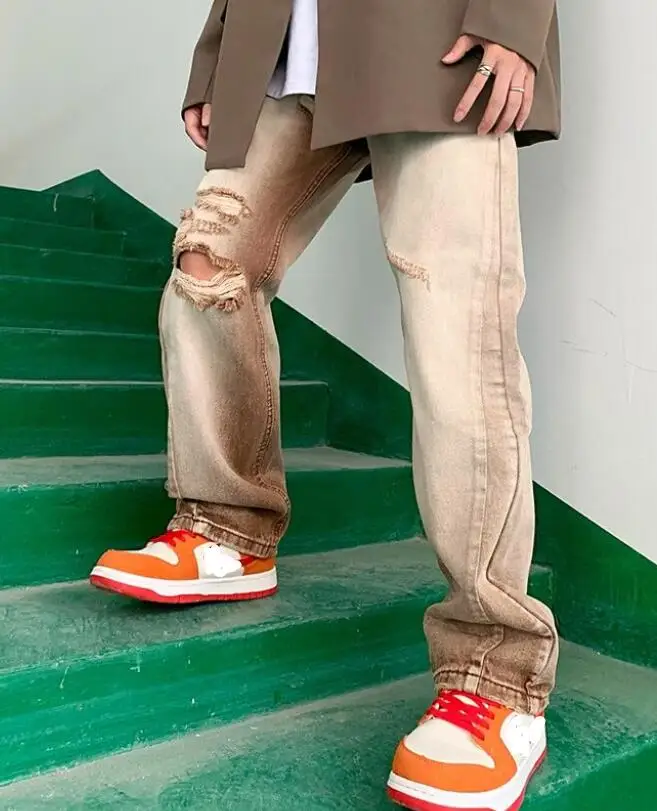 Gradient Color Washed Coffee Color Ripped Jeans Men Tide Brand Retro Brown Hollow Straight-Leg Pants