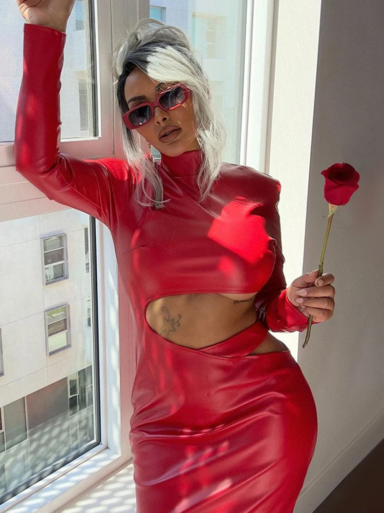 

Pu Leather Stand Neck Long Sleeves Pads Hollow Out Slit Zip Up Maxi Dress 2022 Fall Winter Punk Fairy Grunge Clothes Streetwear