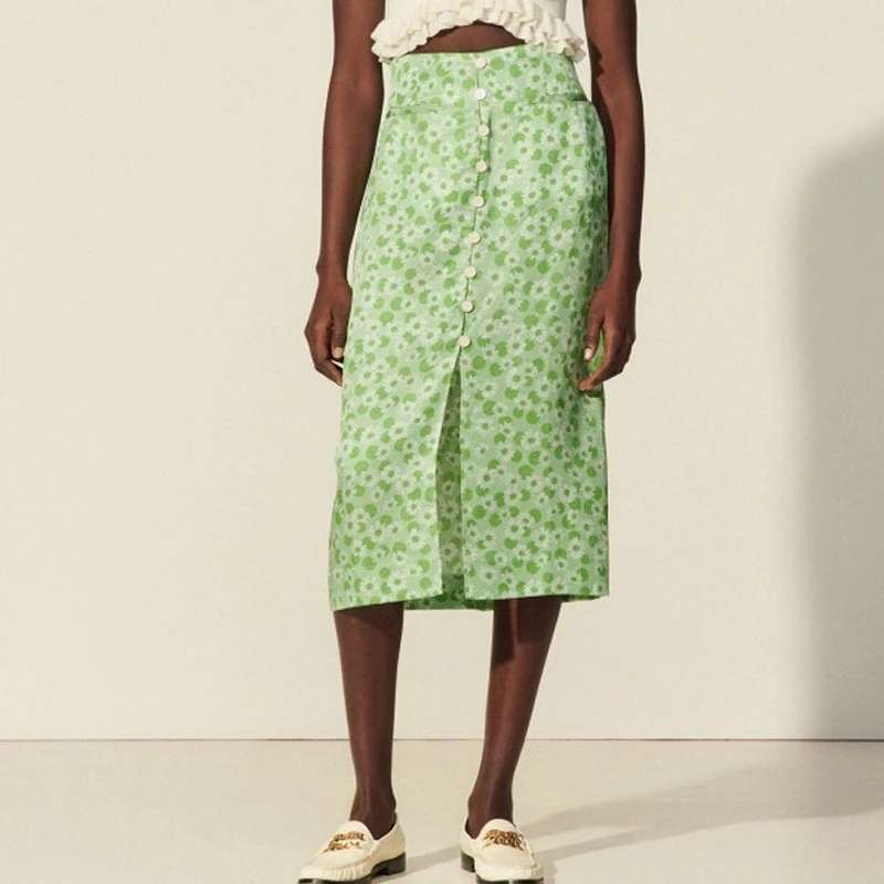 

Women's Small Fresh Daisy Print MIDI Skirt Single Breasted Hem Slit Versatile High Waist A-shaped Floral Jupe Street Fashion