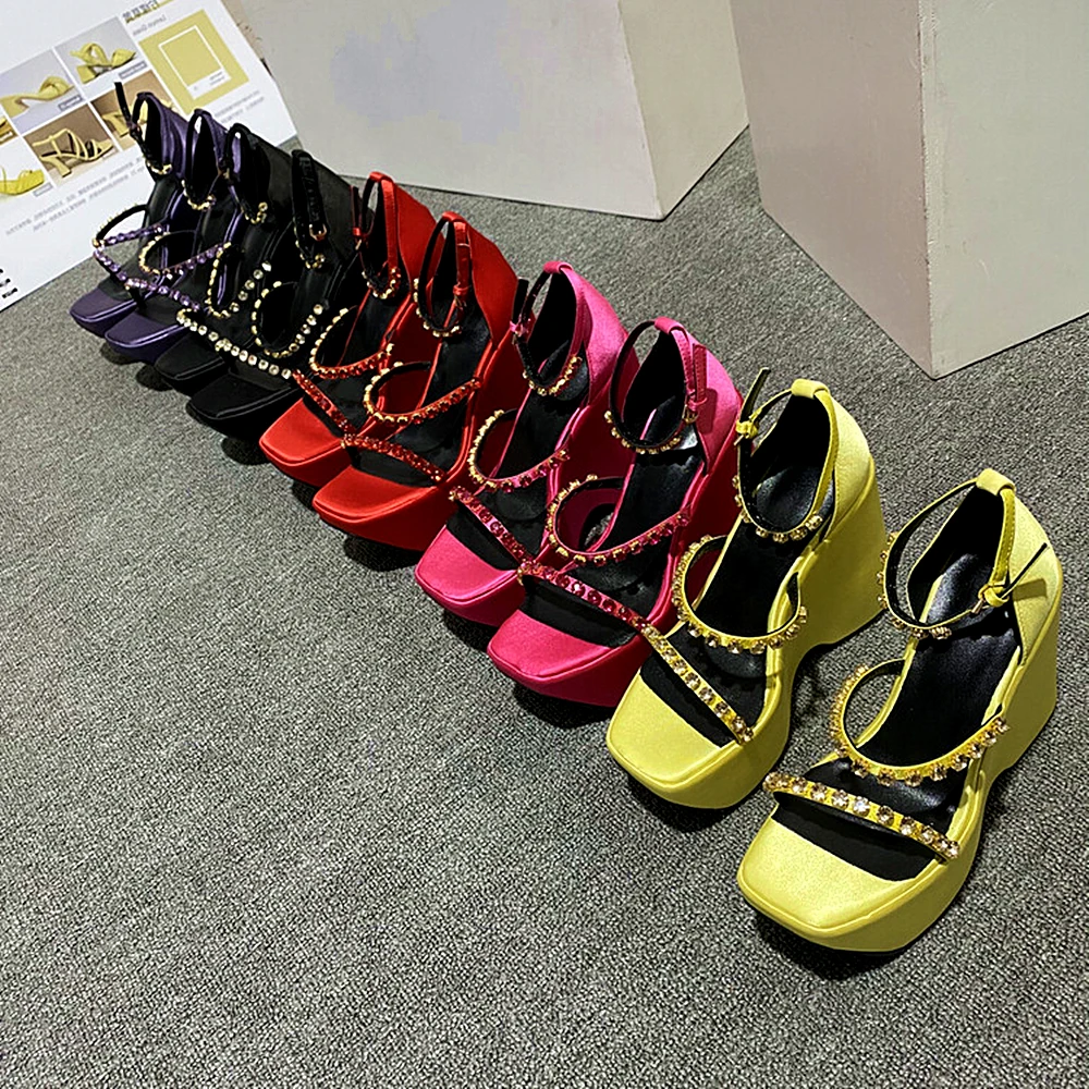 

Woman Sexy Open Toe Ankle Three Straps High Heels Platform Wedge Shoe Cutouts Ankle Strap Slingbacks Crystal Rhinestone Heel