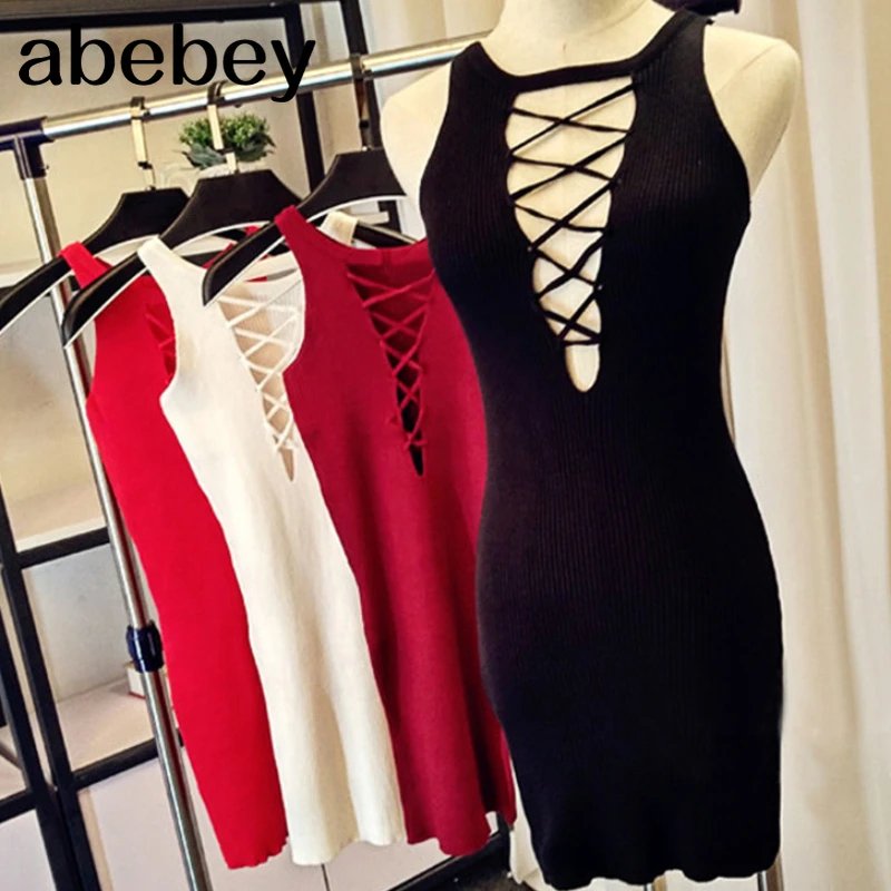 

Summer Autumn Women Knitted Dress Sexy Hollow Out Bandage Sleeveless Dress Female Bodycon Knitting Mini Dresses Vestidos SF945