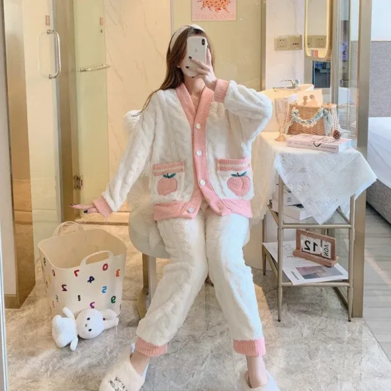 Autumn Winter Women Pajamas Set Warm Flannel Long Sleeve Home Suit Sleepwear Long Velvet Thicken Pyjamas Sets