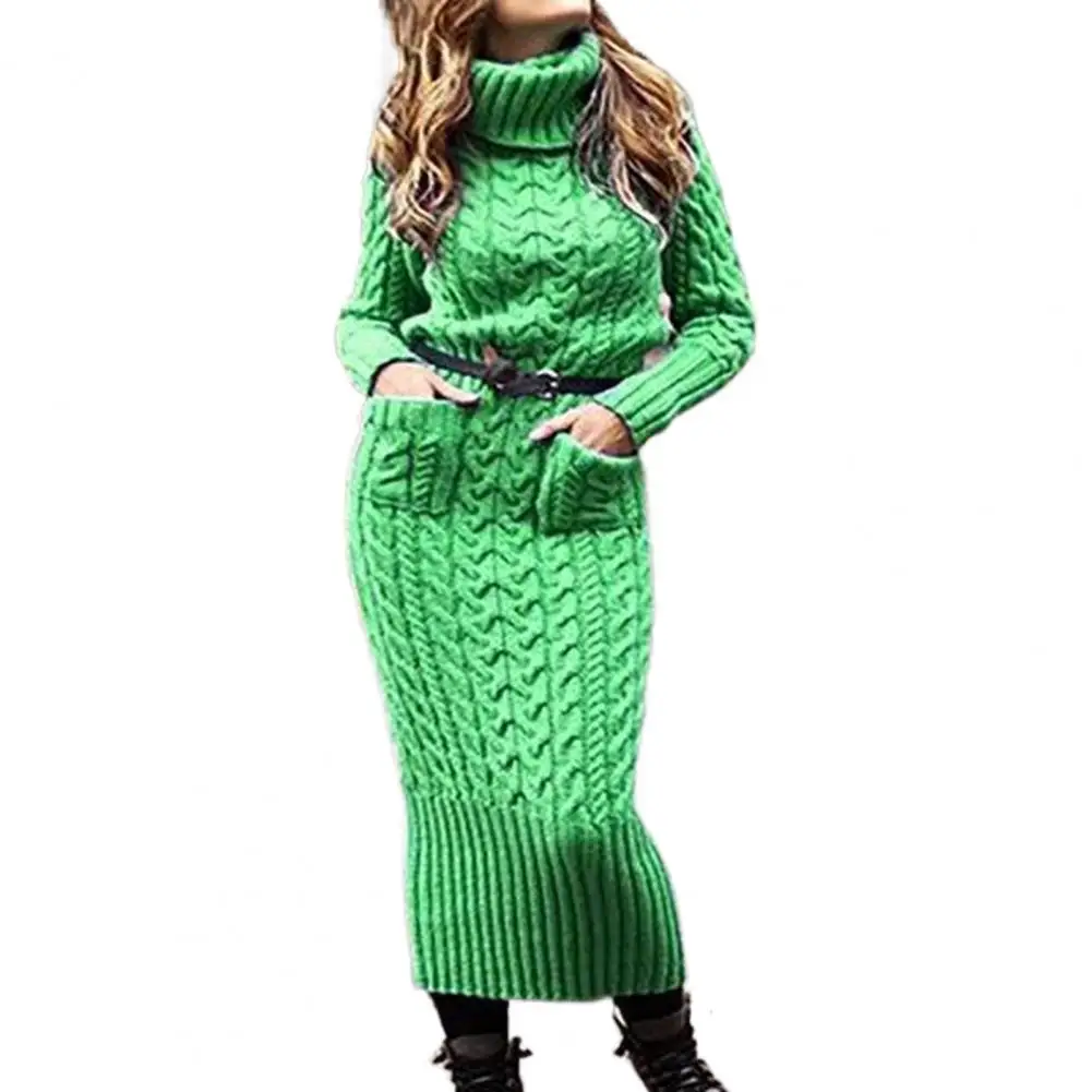 

2022 Autumn Sweater Dress Women Mid-calf Length Slim Fit Turtleneck Knitting Pockets Keep Warm Elastic Lady Sweater Dress