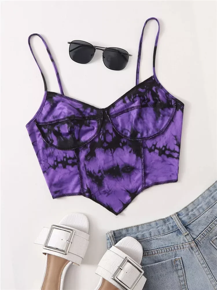 

Purple Y2K Clothes Seam Tie Dye Cami Crop Top Women 2022 High Street Harajuku Asymmetrical Hem Spaghetti Strap Shirt Streetwear