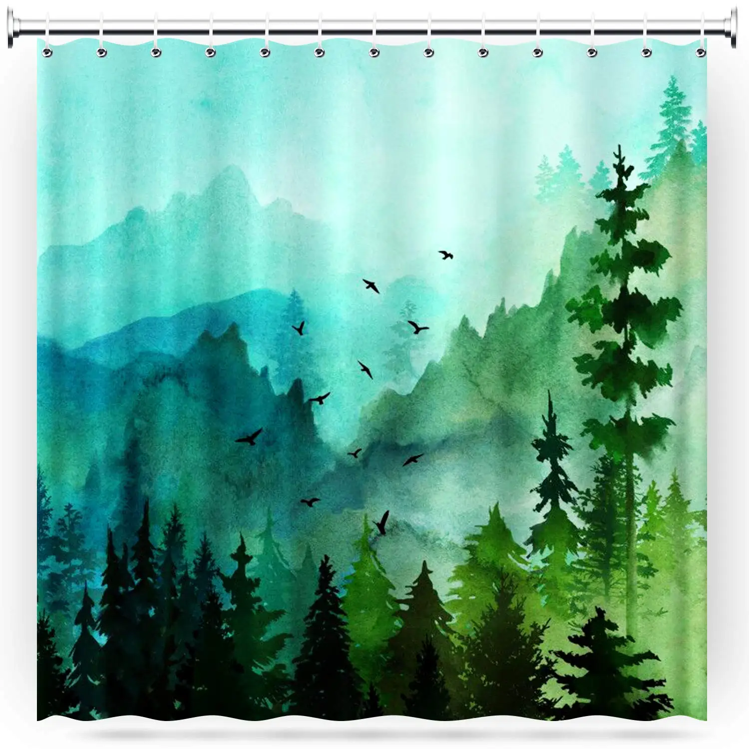 

Nature Forest Shower Curtain Misty Mountain Forest Bird Foggy Pine Tree Cloudy Rustic Nature Scenery Landscape Fabric Bath Decor