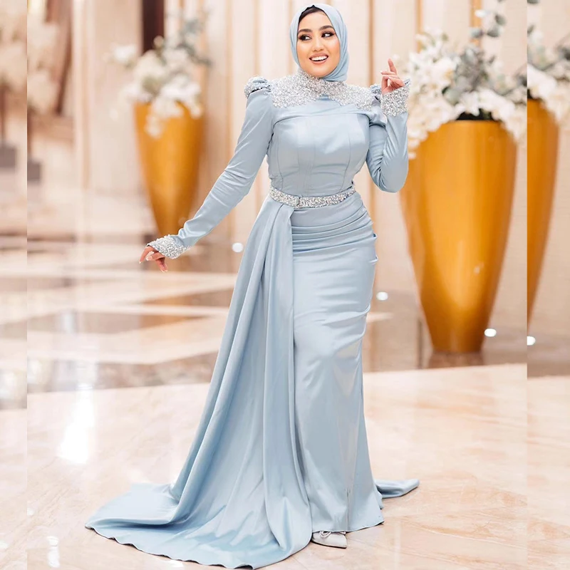 

Sky Blue Mermaid Evening Dresses for Hijab Women High Neck Long Sleeves with Overskirt Beading Muslim Wedding Party Gowns