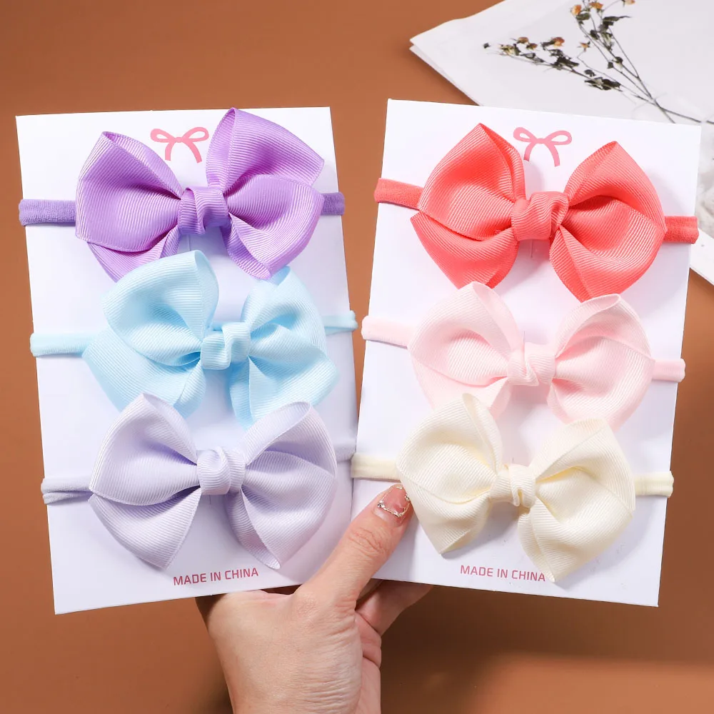 

3Pcs Grograin Ribbon Kids Bows Headband For Baby Girls Headwear Solid Color Bowknot Elastic Hair Bands Infant Hair Accessories