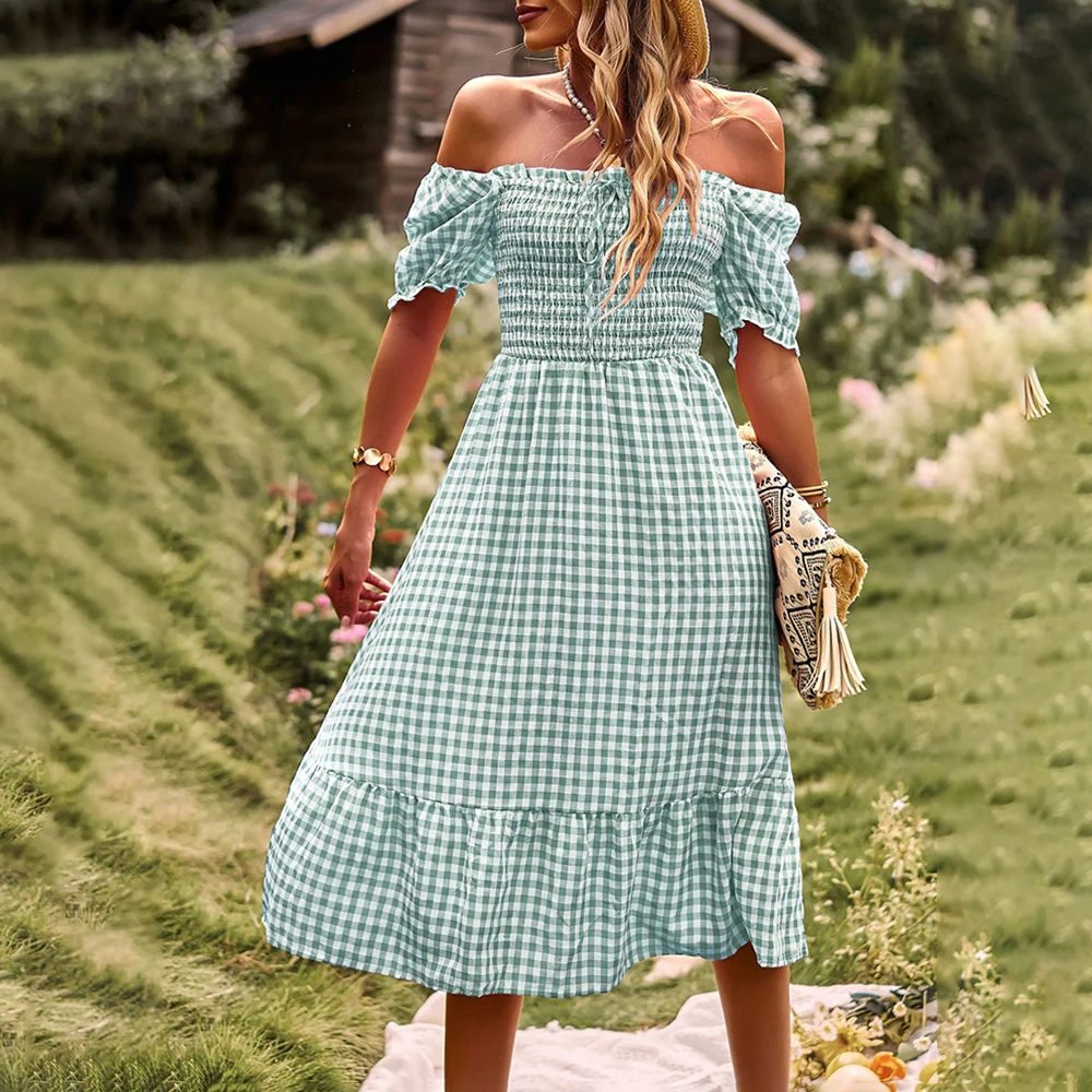 

Women Dress 2023 New Spring Summer Fashion Casual Holiday Off The Shoulder Short Sleeve High Waist Vestidos Robes Female