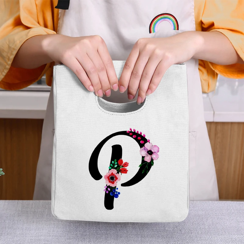 

26 Letters Oil Painting Canvas Insulated Neutral Rice Bag Food Storage Bag Portable Large-capacity Portable Children's Lunch Bag