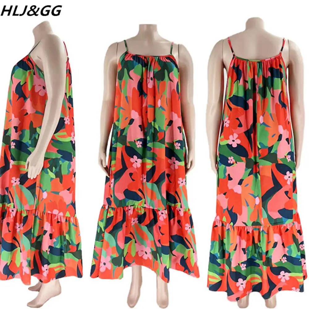 HLJ&GG Casual Holiday Flower Print Suspender Dress Plus Size Women Clothes XL-5XL Female Sleeve Loose Robe Vestidos Dropshipping