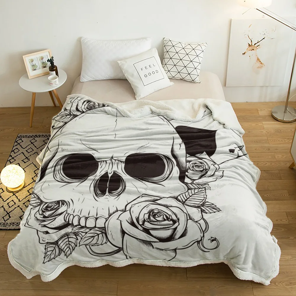 

Poker Skull Rose Halloween Plush Throw Blanket Sherpa Fleece Bedspread Blankets Sofa Cover Bedding Picnic Wool Soft Blanket