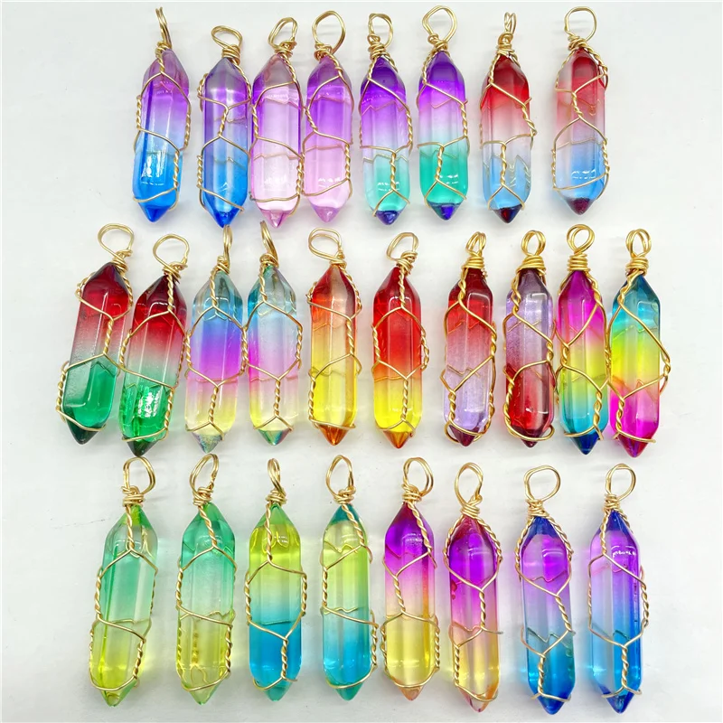 

20pcs Rainbow Colored Glass Hexagonal Prism Pendulum Pendant Gold Wire Wrap Crystal Charms Jewelry Making Necklaces Accessories
