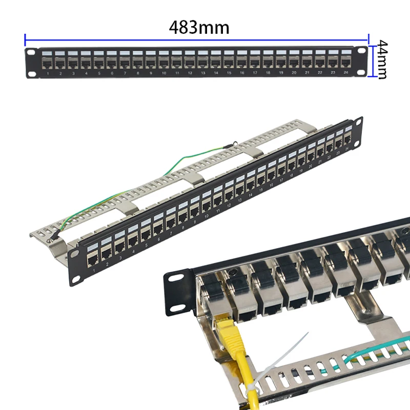 1U Cabinet Patch Panel With 24 Ports Pass-through Shield CAT6 RJ45 Network Keystone Coupler LAN Cable Adapter Ethernet Frame images - 6
