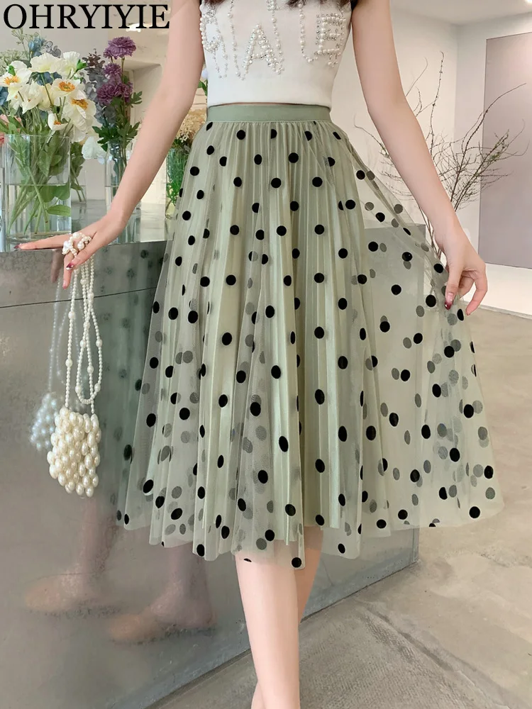 

OHRYIYIE Spring Summer Short Tulle Skirt Women Polka Dot Knee-Length Pleated Skirt Midi Casual High Waist A-line Skirt Female