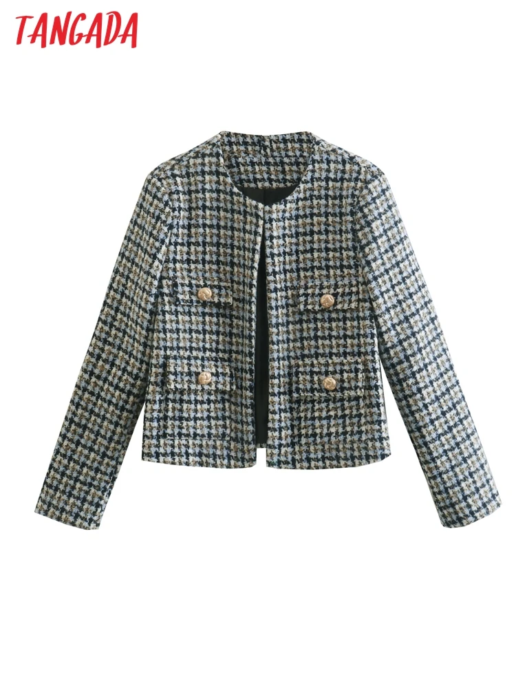 

Tangada 2022 Winter Women O Neck Cropped Tweed Jacket Coat Vintage Long Sleeve Coat 3R02