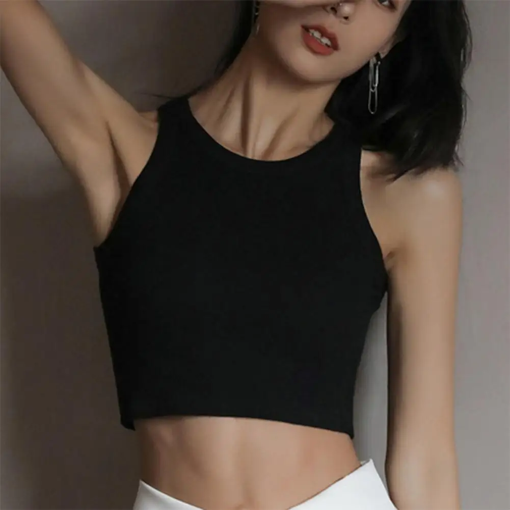 

Chic Camisole Top Shockproof Simple Casual Ribbed Fitness Cropped Top O-Neck Colorfast Tank Tops Daily Clothing