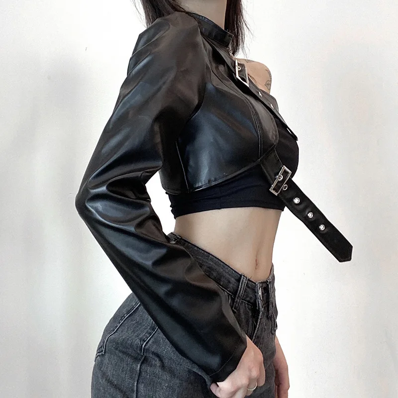 Handsome Irregular Metal Buckle Halter Neck Unilateral Sleeve Leather Jacket  Autumn European and American New Women's Clothing