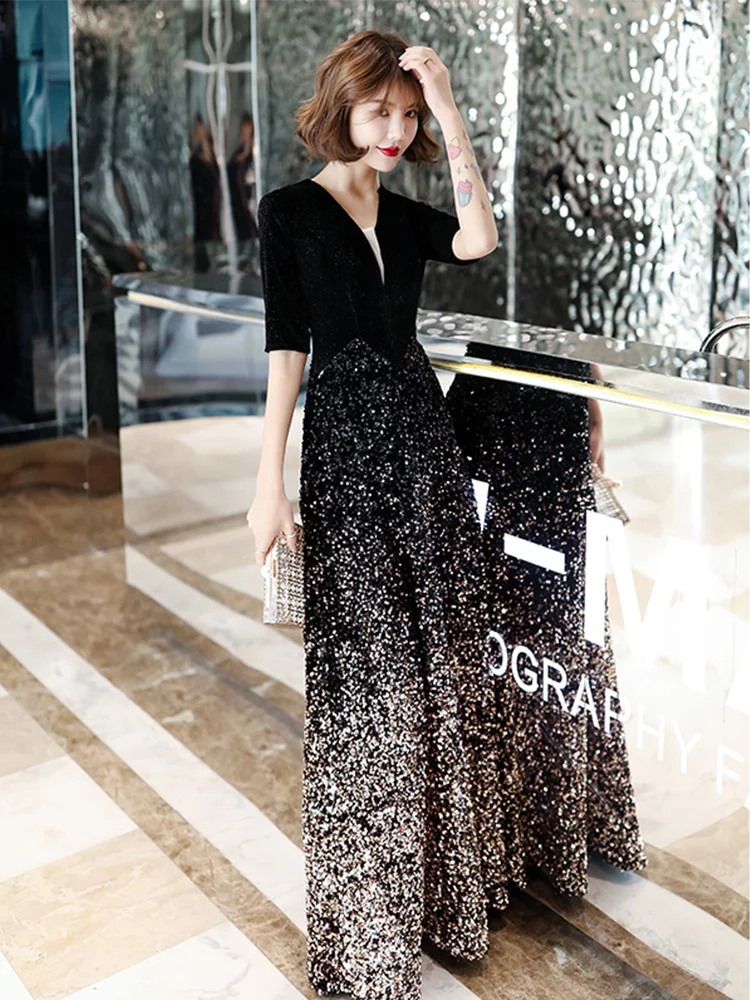 Black Evening Dress Women's 2023 New High end Atmosphere Banquet Style Annual Meeting Dress Sexy Sequins