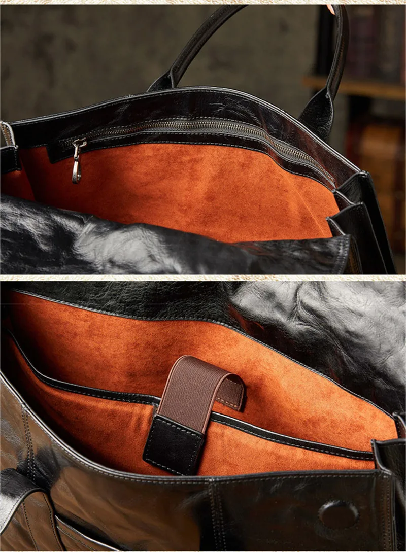 Vintage Fashion Designer Natural genuine Leather Men Black Pleated handmade Handbag Teen Office 14 Inch Laptop lawyer Briefcase