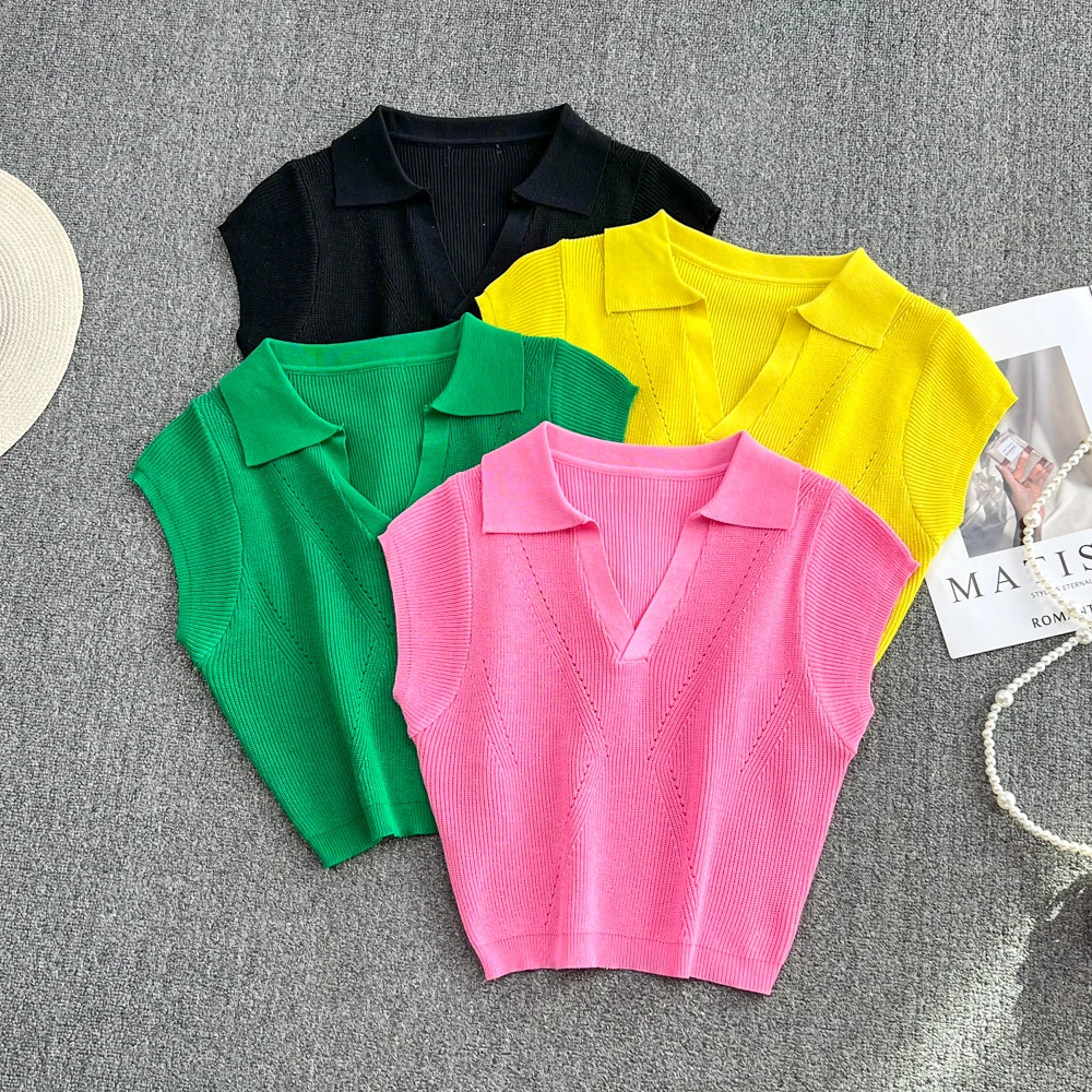 

2022 Summer Korean Version V-Neck Neck High Waist Slim Short Knit Sweater Top Navel T-Shirt Short Sleeve