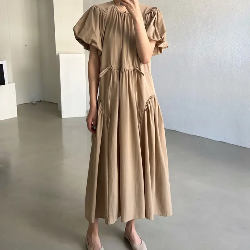 

Clothland Women Elegant Solid Midi Vestido O Neck Short Sleeve Drawstring Sashes Summer Casual Fashion Vestidos DA319
