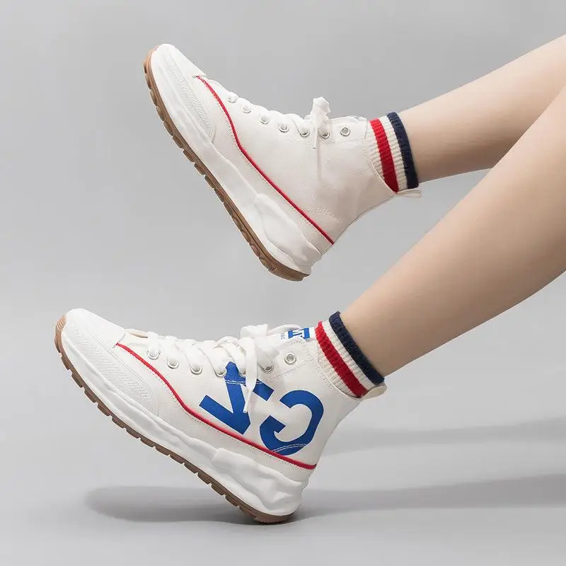 

2023 Women Vulcanized Shoes Fashion Thick Sole Breathable Canvas Sneakers Lace-up Sports Shoes Comfortable Walking Casual Shoes