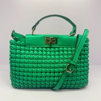 high quality pu leather hand knitting handbag for women hollow out female shoulder bag beach bag fashion cross body bag