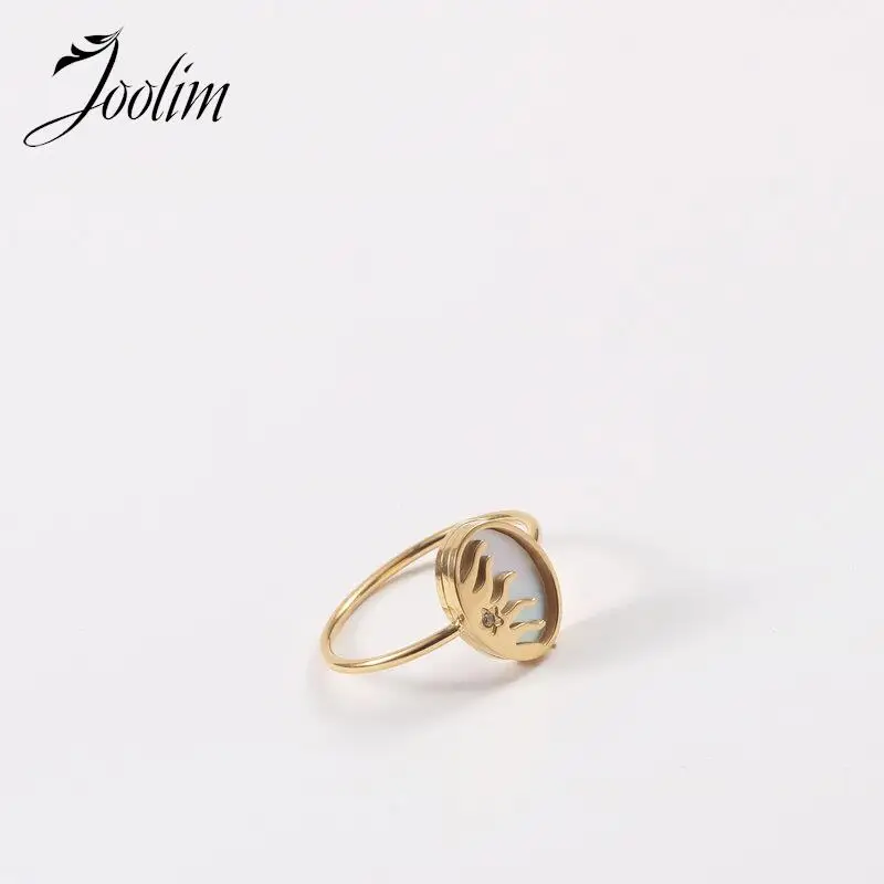 

Joolim Jewelry High End Gold Finish Non Tarnish Fashion Unique Permanent Shell Sunburst Stainless Steel Finger Rings for Women