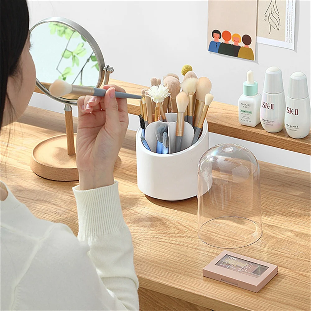 

With Lid Storage Bucket Tube Transparent Desktop Storage Organizer Makeup Brush Rotating Cup Holder Cosmetic Storage Box 2023