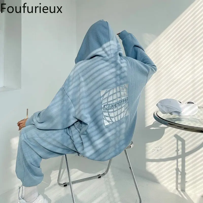 

Женский спортивный костюм небесно-голубого цвета, Новинка осени 2022, спортивные брюки из двух частей CN (происхождение) в стиле Харадзюку